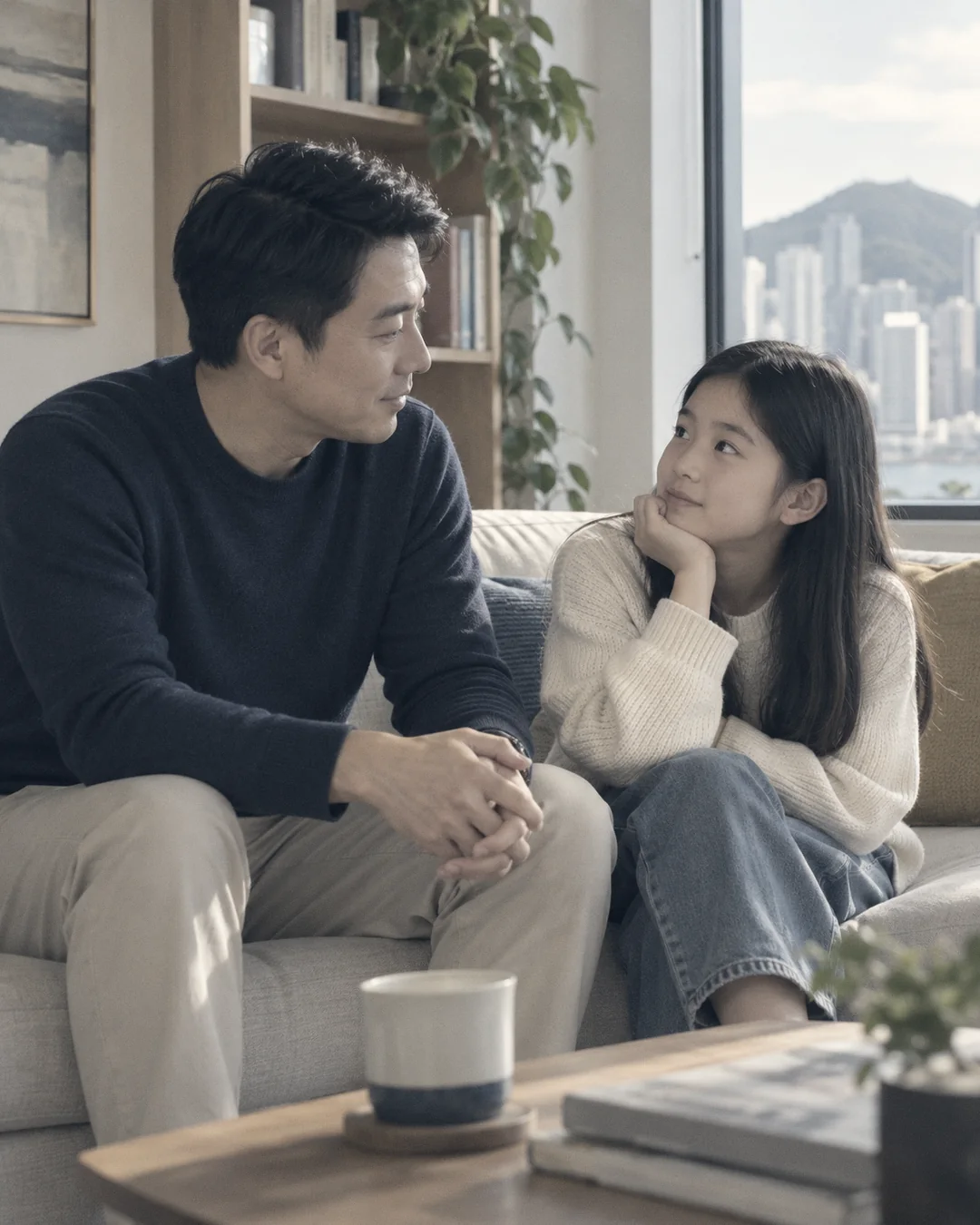 父亲与女儿在沙发上交谈(示意图)