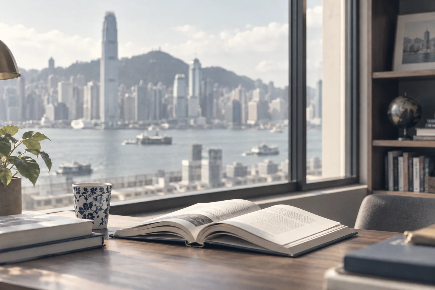一本打开的书,背景是维多利亚港(示意图)