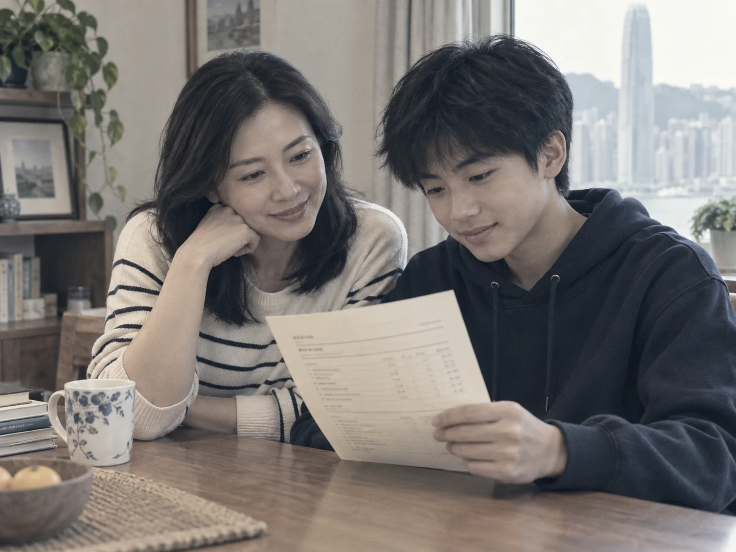 母亲与少年儿子一起阅读升学规划报告(示意图)